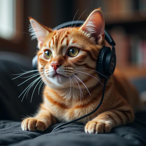 Gato escuchando música con auriculares