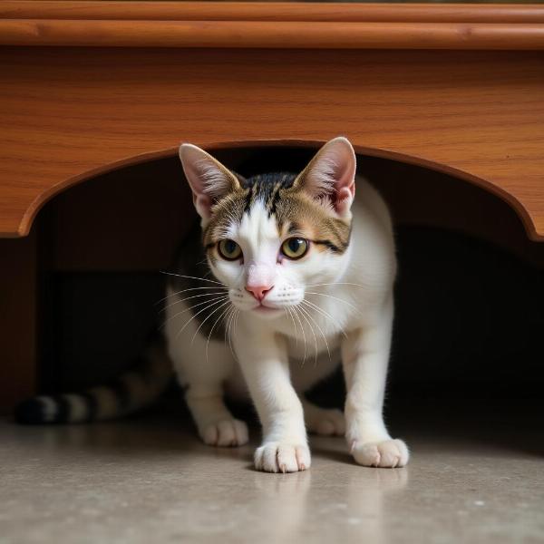 Gato estresado escondiéndose debajo de un mueble