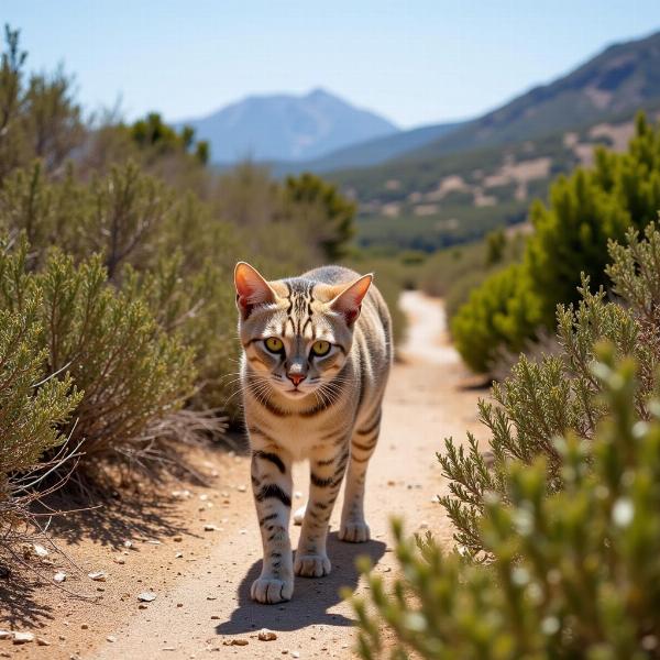 Gato explorando los senderos de Cabo de Gata en un día soleado.