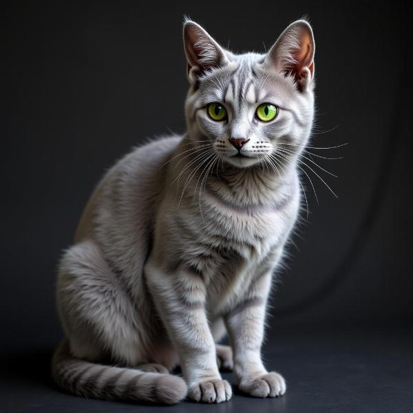 Gato Korat con pelaje plateado azulado y ojos verdes brillantes