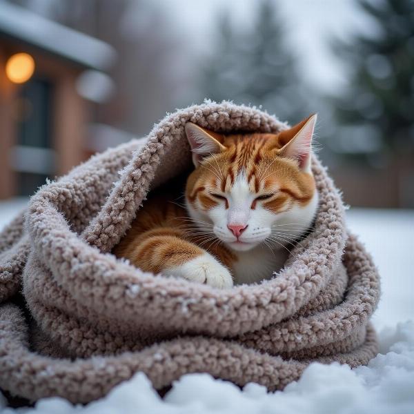 Gato acurrucado en una manta en invierno