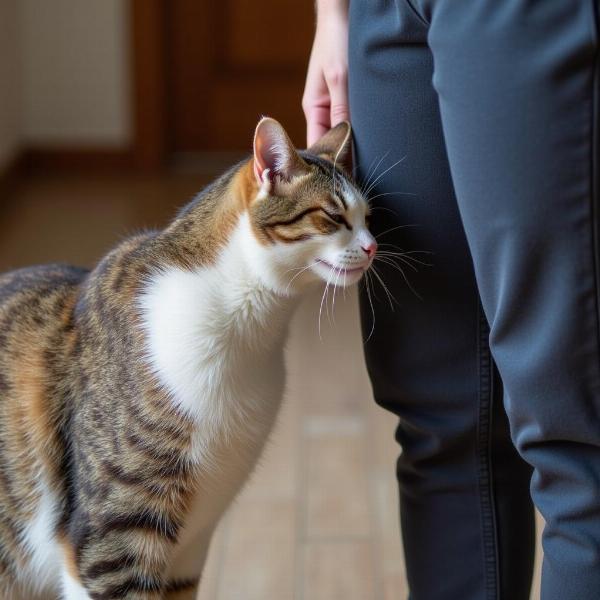 Gato frotándose contra las piernas del dueño