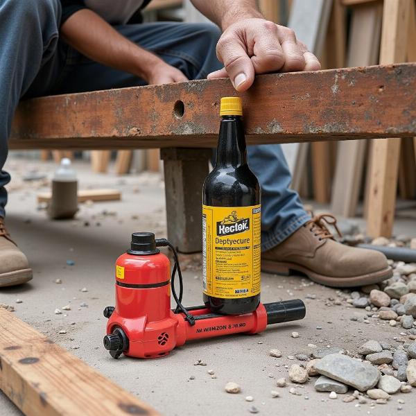 Gato hidráulico de botella en obra de construcción