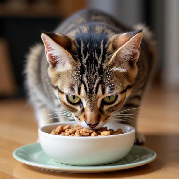 Gato joven comiendo de su plato