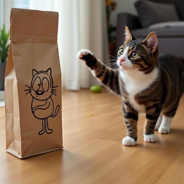 Gato jugando con una bolsa de papel del Gato Félix