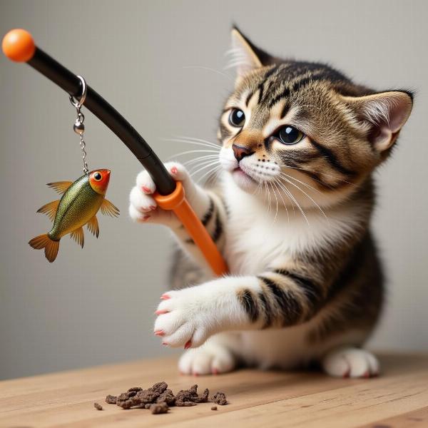 Gato jugando con una caña de pescar