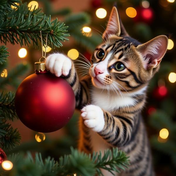 Gato jugando con un adorno seguro en el árbol de Navidad