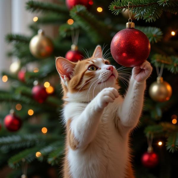 Gato jugando con adorno del árbol de Navidad