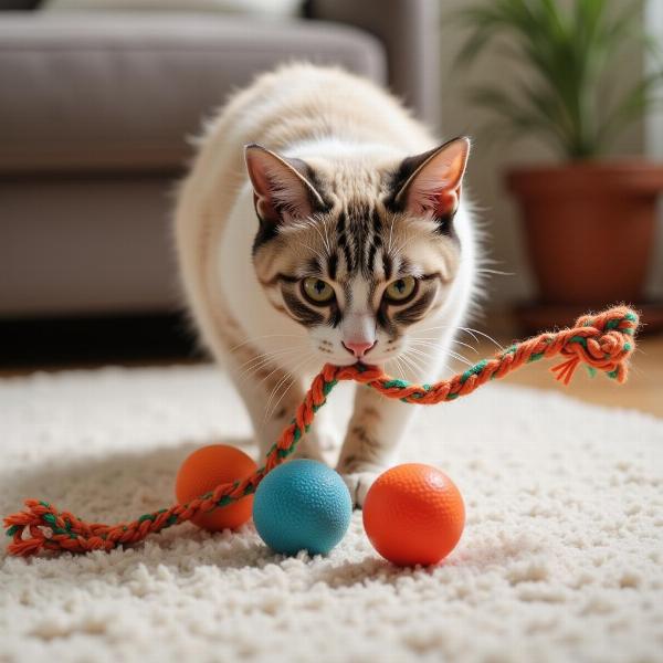 Gato jugando con cuerda con bolas