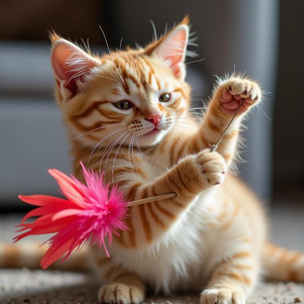 Gato jugando con un juguete de plumas