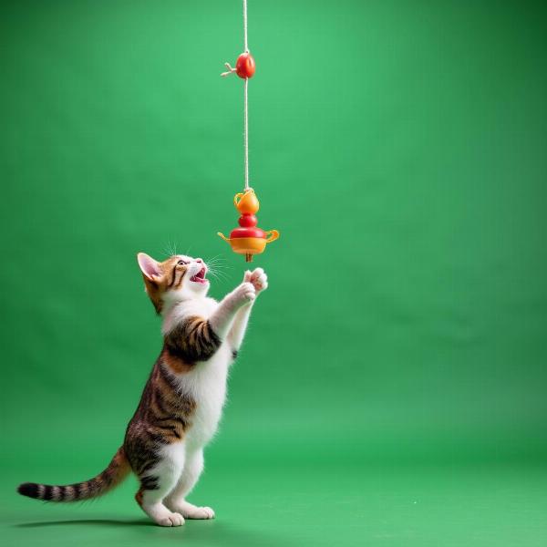 Gato jugando con un juguete frente a una pantalla verde durante la filmación