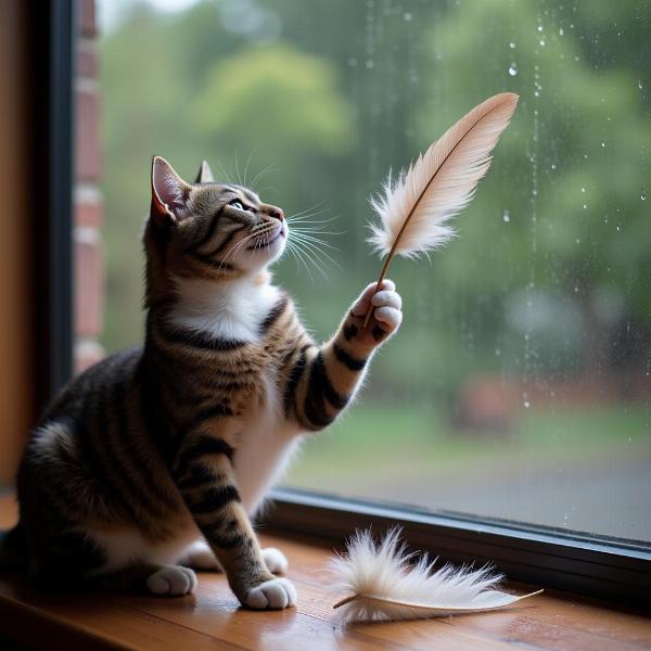 Gato jugando con un juguete en un día lluvioso