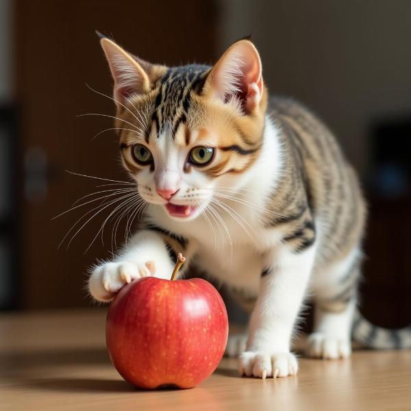 Gato jugando con una manzana