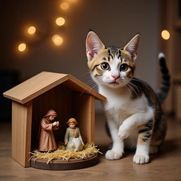 Gato jugando con las figuras del pesebre