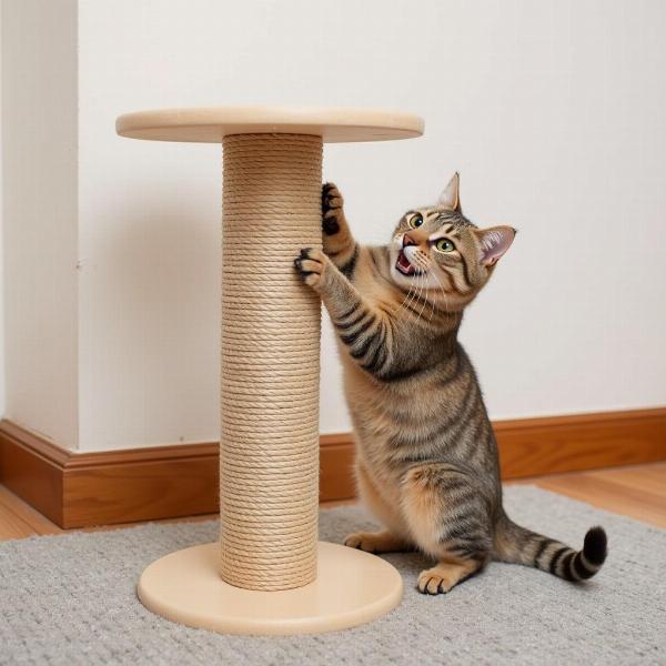 Gato jugando con un rascador