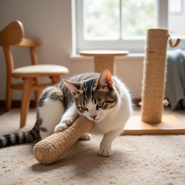 Un gato jugando con un juguete en un entorno enriquecido