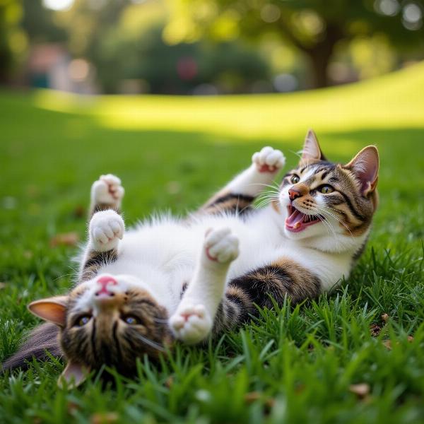 Un gato jugando en el césped en Los Gatos, California