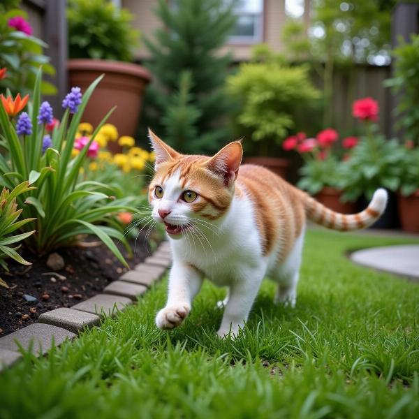 Un gato jugando en un jardín con plantas seguras para él.