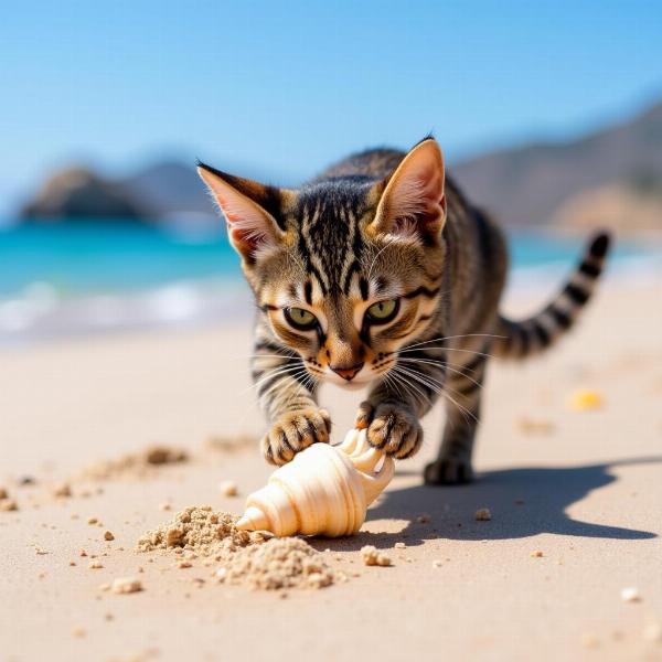 Gato jugando en la arena de la playa en Alegría Cabo de Gata