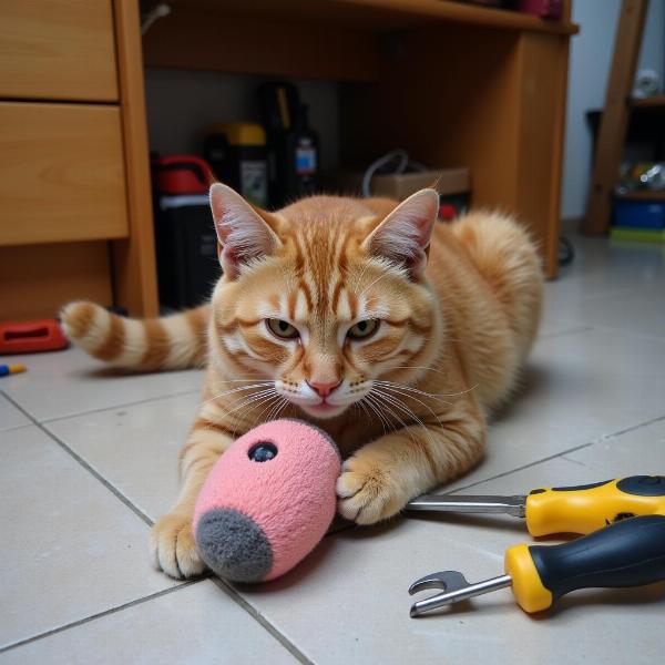 Gato jugando en un lugar seguro