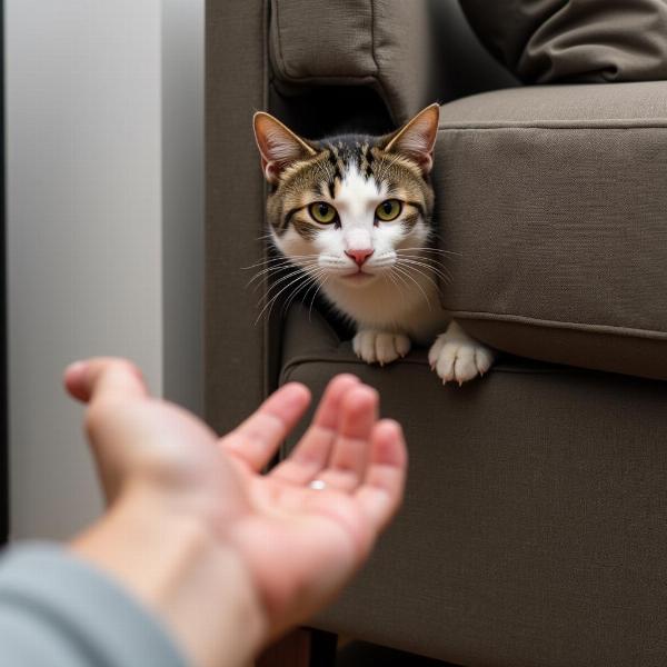 Gato jugando al escondite con su dueño