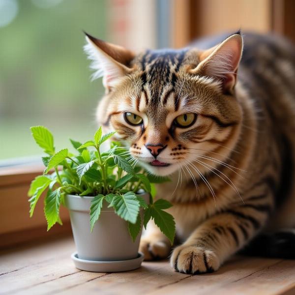 Gato jugando con hierba gatera