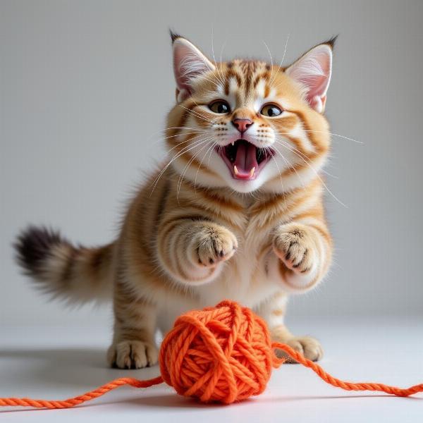 Gato jugando con un ovillo de lana con una expresión divertida