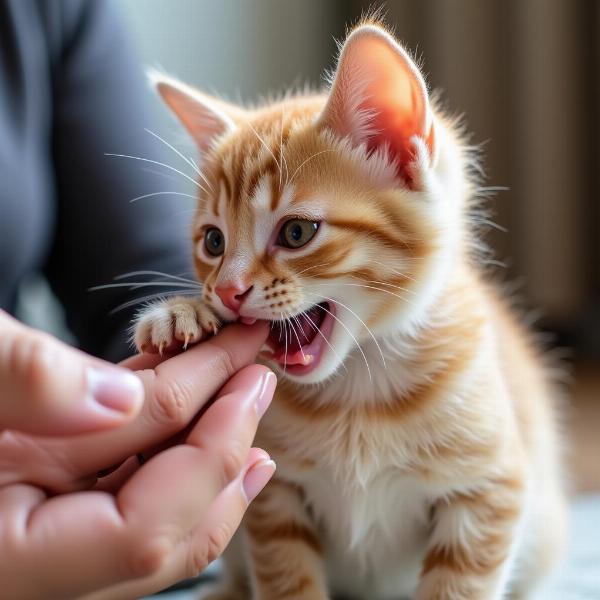 Gato jugando y mordiendo la mano