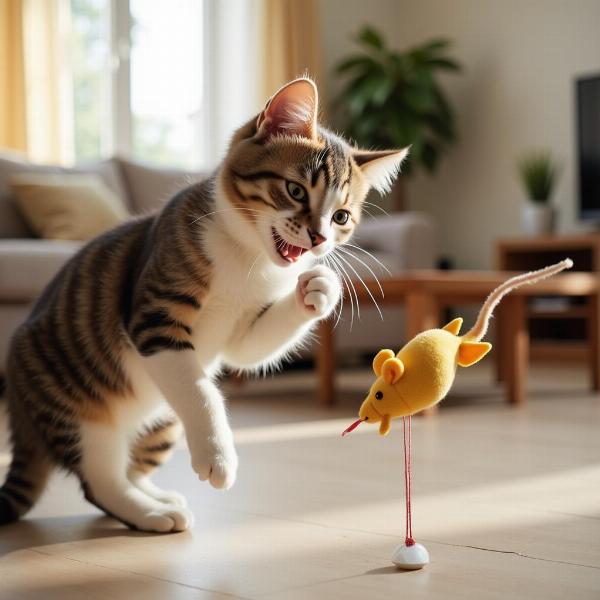 Gato jugando con un ratón de juguete