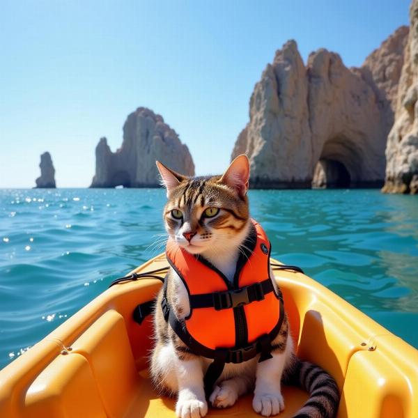 Gato disfrutando del paisaje en kayak en Cabo de Gata