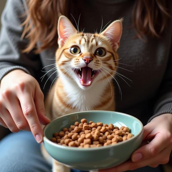 Gato maullando pidiendo comida