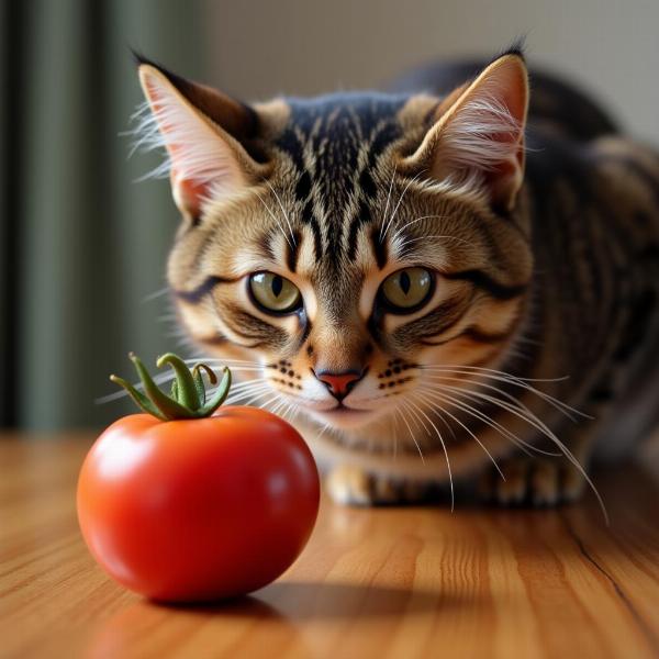 Gato mirando un jitomate con curiosidad