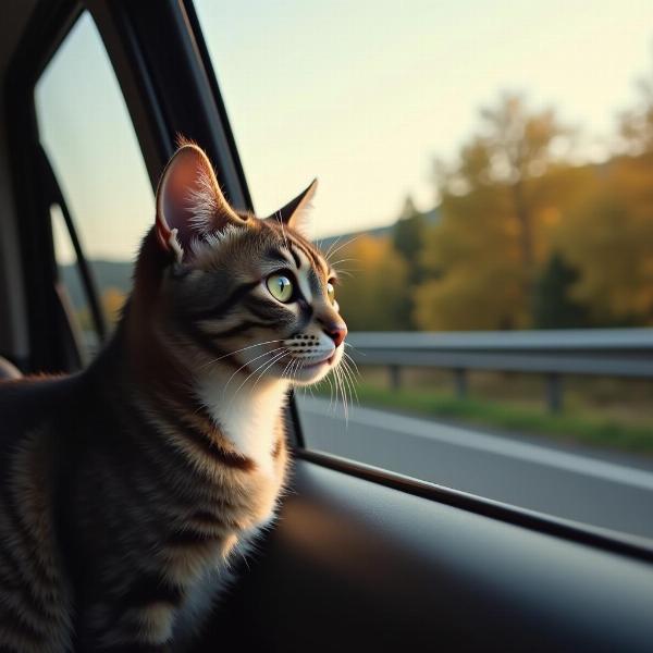 Gato mirando por la ventana del coche, soñando con conducir