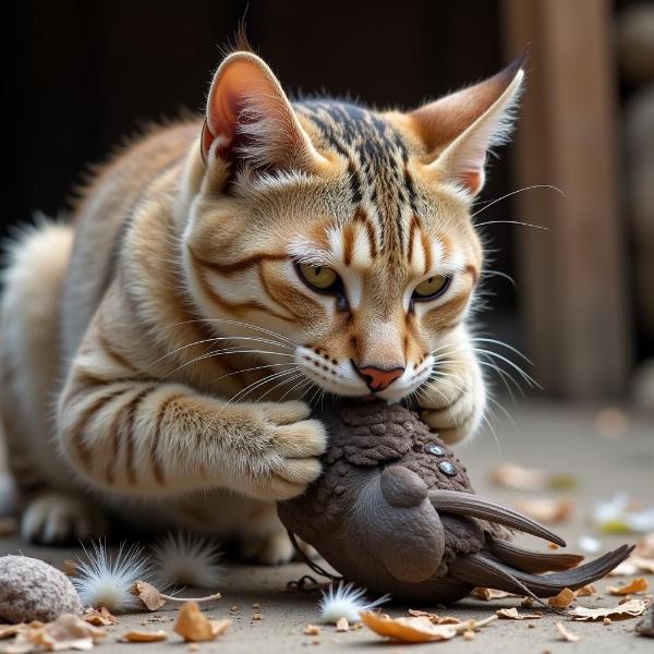 Gato Montés Comiendo Ave