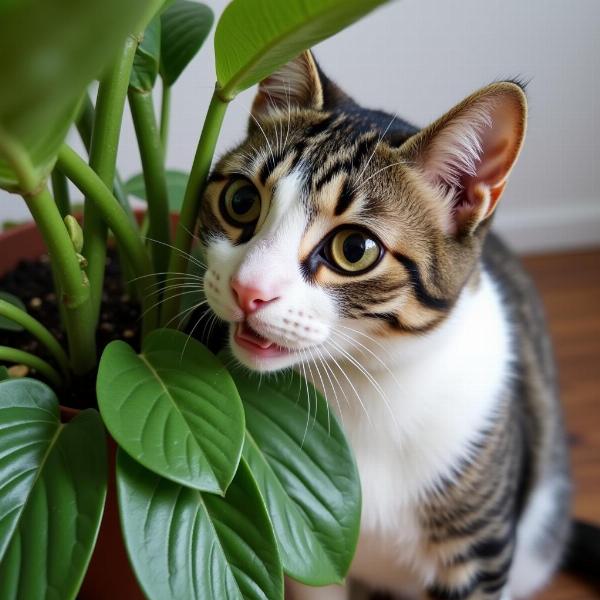 Gato mordisqueando una planta de interior