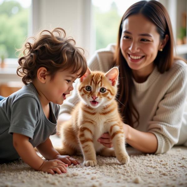 Gato Munchkin jugando con una familia, mostrando su naturaleza amigable y juguetona