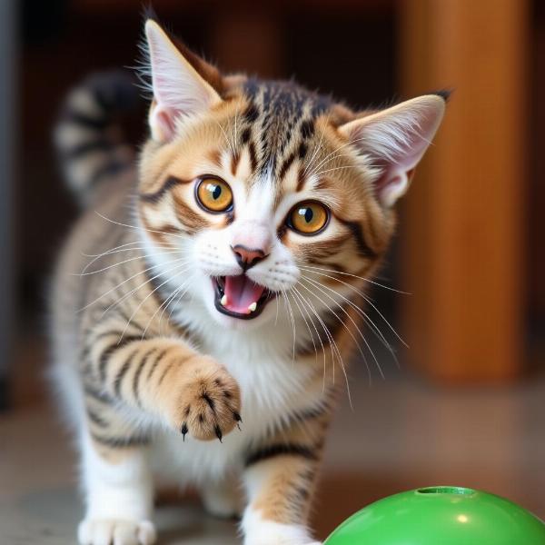 Gato con ojos naranjas jugando con un juguete