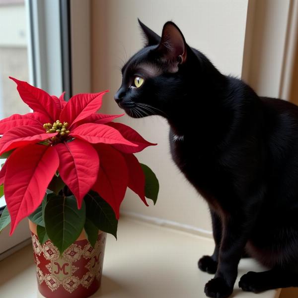 Gato olfateando una flor de pascua