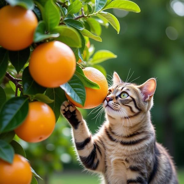 Gato oliendo una planta cítrica