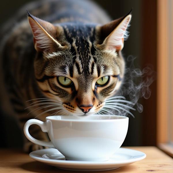 Gato oliendo una taza de café