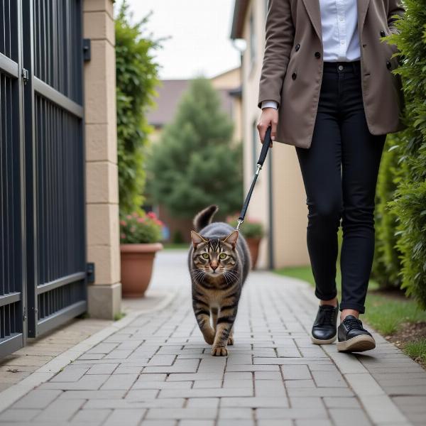 Gato paseando con correa en una comunidad privada