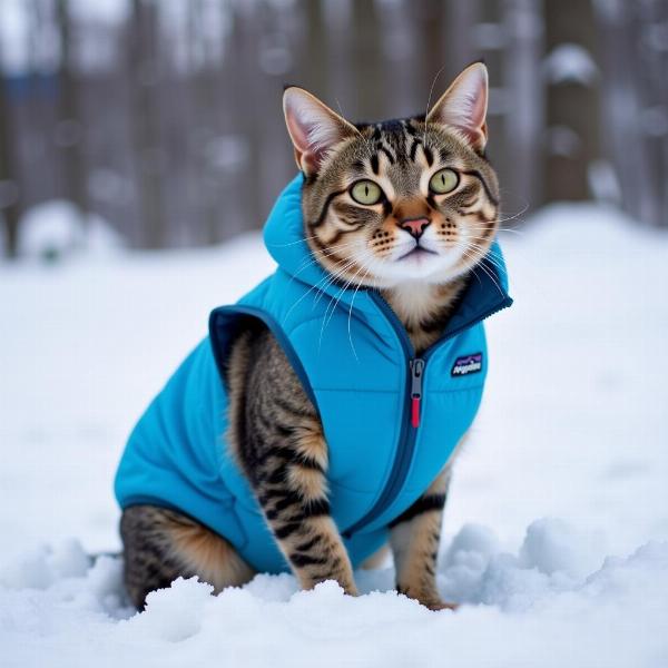 Gato con chaleco Patagonia en invierno