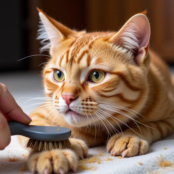 Gato peinándose y mostrando signos de caída de pelo