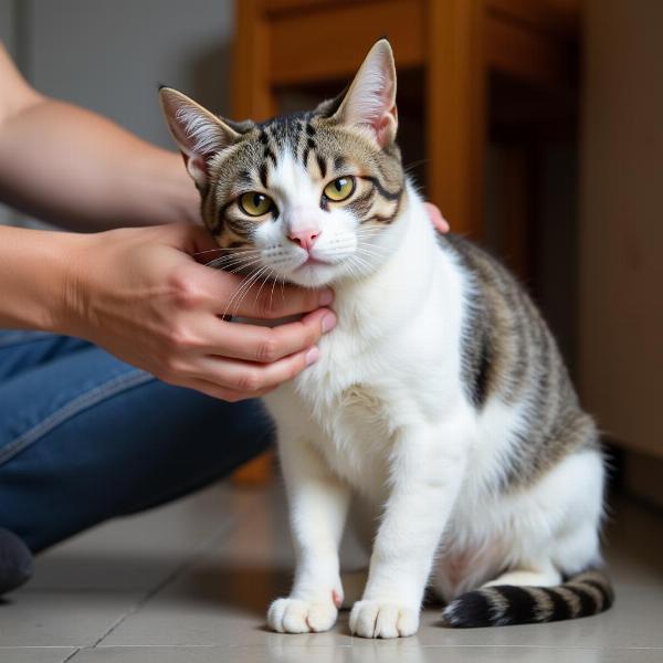 Gato perfil bajo recibiendo caricias de su dueño