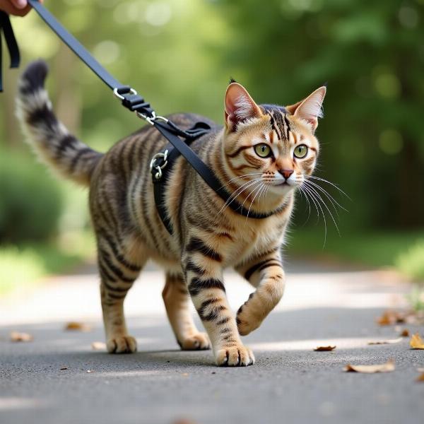 Gato perruno paseando con correa.