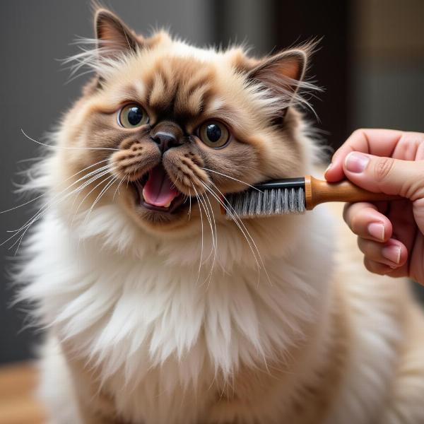 Cepillado de un gato persa de pelo largo