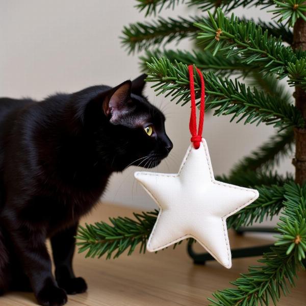 Gato preto con adornos navideños seguros