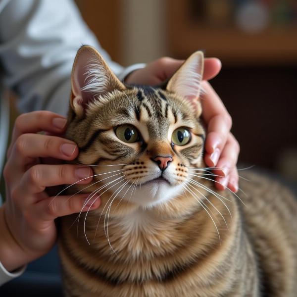 Gato recibiendo caricias de su dueño.