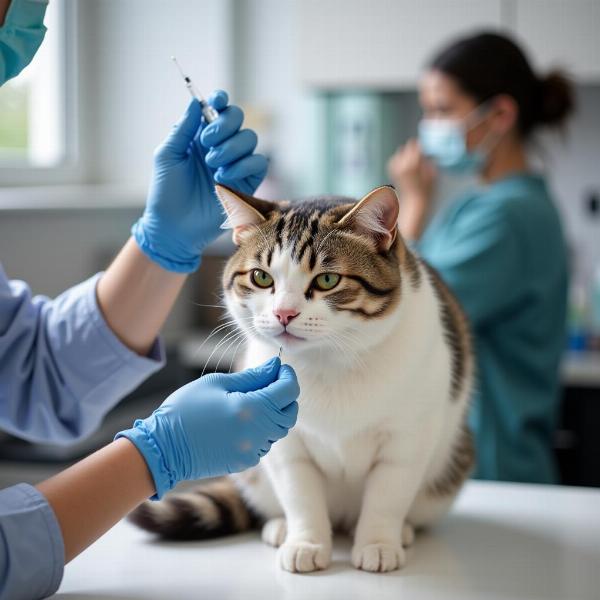 Un gato recibiendo una vacuna en una clínica veterinaria.