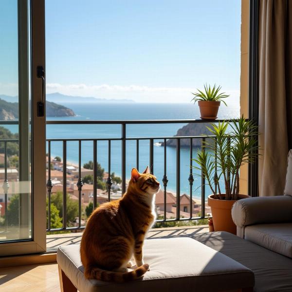 Gato relajado en un balcón con vistas al mar en Cabo de Gata